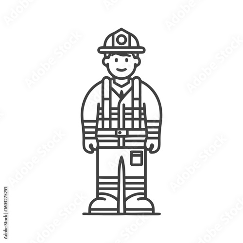 Minimalist Line Art Icon of a Friendly Firefighter in Full Gear