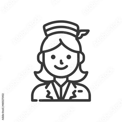 Smiling Air Hostess in Uniform, Minimalist Line Art Icon for Aviation Services