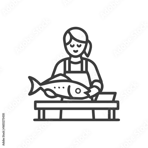 Smiling fishmonger preparing a large fish, a clean and simple line art icon.