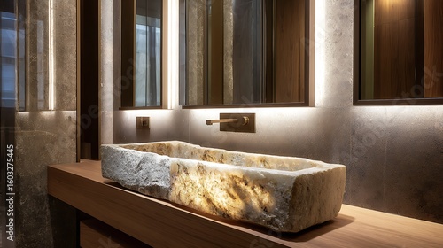 Natural stone sink on a floating cabinet, with soft lighting and backlit mirrors