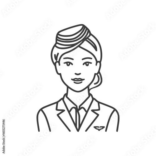 Elegant Flight Attendant Portrait in a Minimalist Line Art Style
