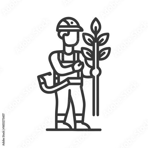 Guardian of Nature: Worker in Protective Gear Holding a Sapling Line Art Icon