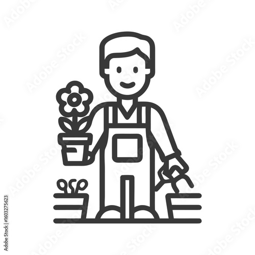 Friendly Gardener in Overalls Tending to Plants, Minimalist Outline Icon