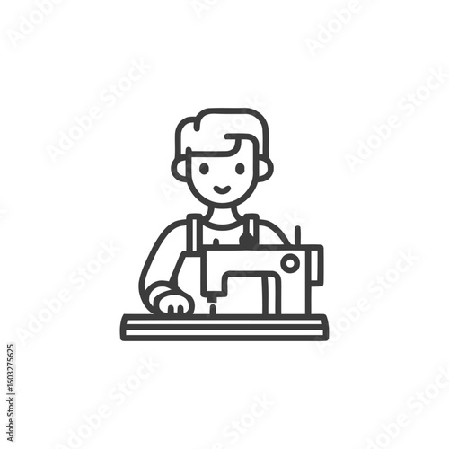 Smiling Person Operating Sewing Machine, Minimalist Line Art Icon for Tailoring and Crafting