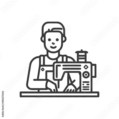 Smiling Craftsperson Operating Sewing Machine Line Art Icon