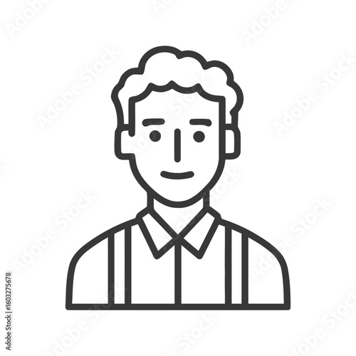 Minimalist Line Art Icon of Smiling Man with Curly Hair and Suspenders. Clean Vector Avatar for User Profile.