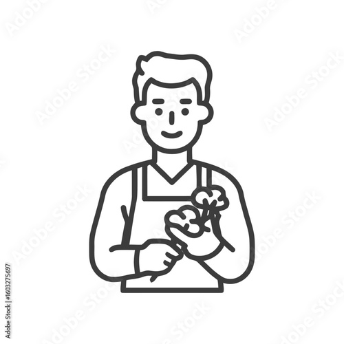 Smiling Gardener Holding Cotton Plants Line Art Icon on White Background