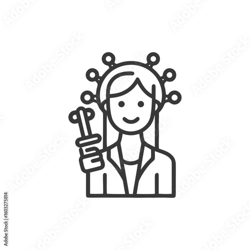 Line Art Icon of a Female Scientist Crowned by a Coronavirus Particle