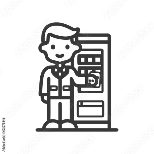 Monochrome Line Art Icon of a Smiling Man Purchasing from a Vending Machine