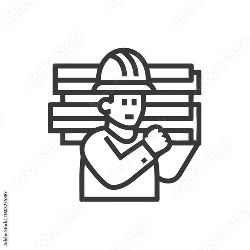 Hard Hat Laborer Carrying Wooden Beams, a Simple Line Art Vector