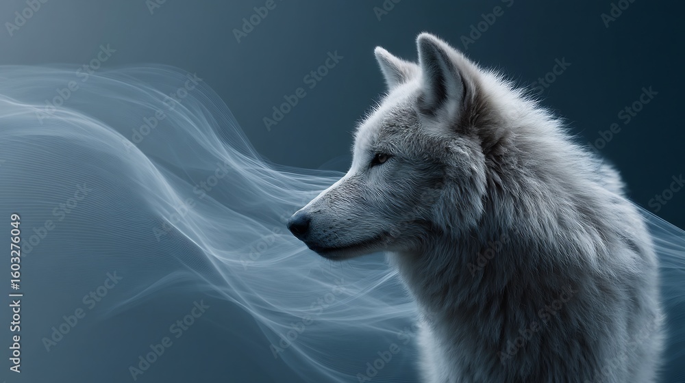 Obraz premium Majestic arctic wolf portrait with ethereal smoky background effect design