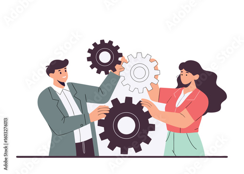 Diverse team collaborating to connect gears symbolizing teamwork synergy and the successful integration of business processes and strategies