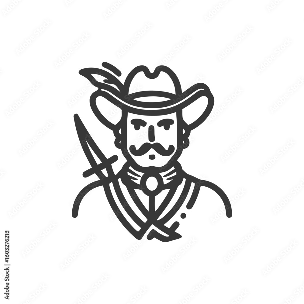 Obraz premium Stylized Conquistador Bust Icon with Feathered Hat and Dagger, Monochrome Historical Line Art