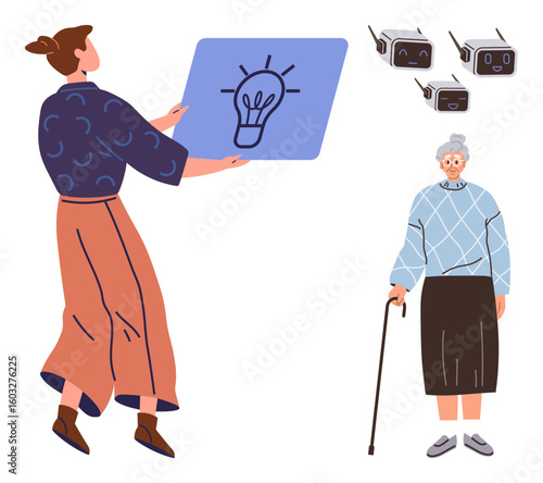 Woman holding a board with a light bulb design representing innovation, elderly lady with a cane nearby, and drones hovering above. Ideal for innovation, technology, caregiving, robotics, healthcare