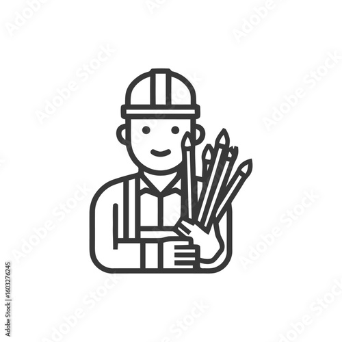Smiling Engineer or Architect Icon with Hard Hat Holding Design Pencils, Minimalist Line Art