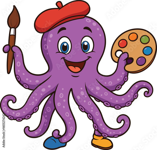 Cheerful cartoon octopus holding paintbrush and palette, friendly artist sea creature, colorful underwater character, creative vector illustration for kids