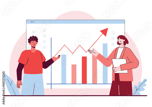 Two professionals collaborate to analyze upward trending financial data presented on a digital graph with bar charts