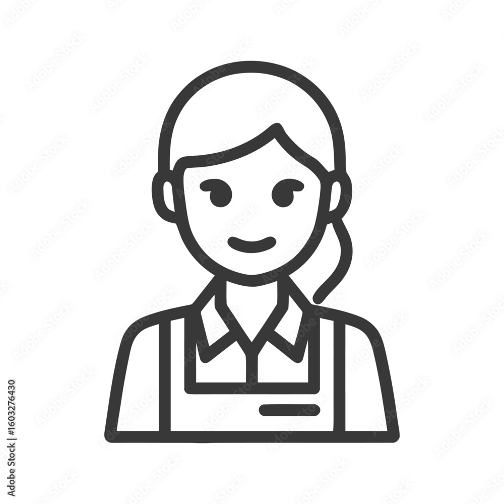 Smiling Female Service Worker Icon: Minimalist Black Line Art of Woman in Apron, Friendly and Professional Smiling Female Service Worker Icon: Minimalist Black Line Art of Woman in Apron, Friendly and Professional