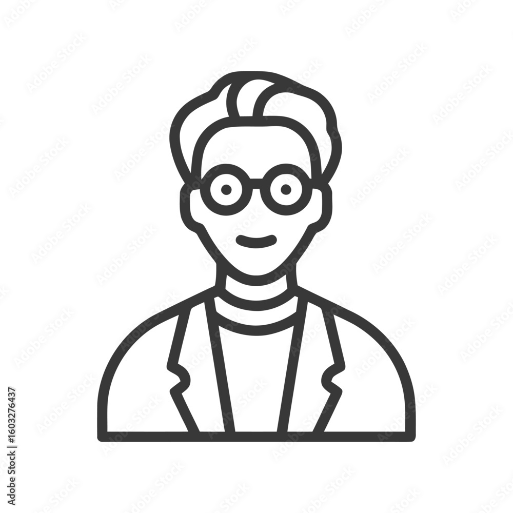 Stylized Line Art Icon of a Smiling Person with Round Glasses, Depicting a Smart Professional or Student Avatar Stylized Line Art Icon of a Smiling Person with Round Glasses, Depicting a Smart Professional or Student Avatar