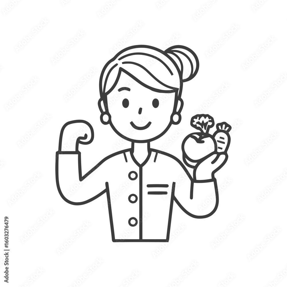 Happy Woman Flexing Bicep and Holding Fresh Produce, Healthy Lifestyle Line Art Icon Happy Woman Flexing Bicep and Holding Fresh Produce, Healthy Lifestyle Line Art Icon