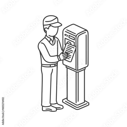 Isometric Line Art of Man Using Self-Service Kiosk for Ticket or Document Transaction, Automated Service Icon