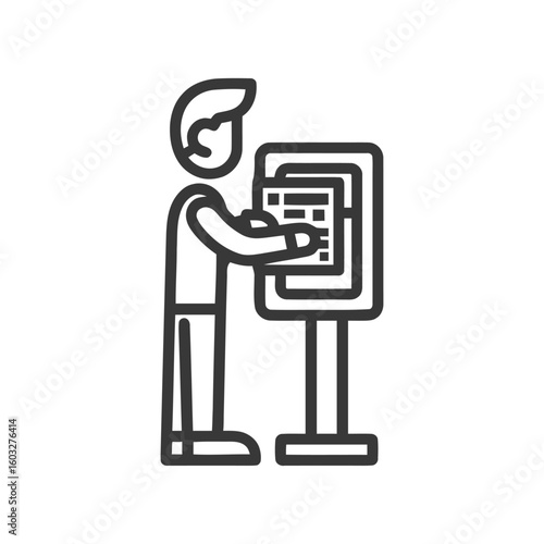 Modern Line Art Icon: Person Using Digital Kiosk for Self-Service, Information, or Registration