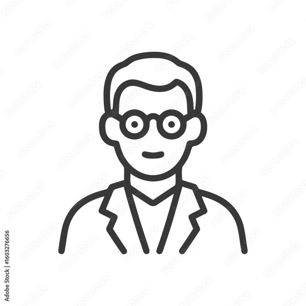 Clean Vector Outline Icon of Intelligent Person with Round Glasses, Ideal for Science, Education, or Professional Avatars. Clean Vector Outline Icon of Intelligent Person with Round Glasses, Ideal for Science, Education, or Professional Avatars.
