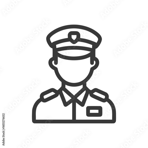 Minimalist Line Art Icon of a Uniformed Officer with Peaked Cap and Epaulets on White Background