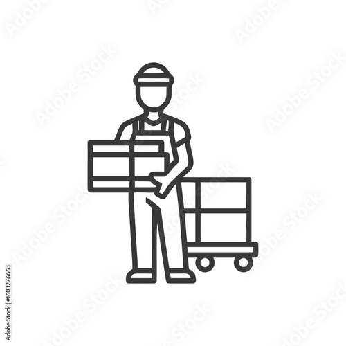 Line Art Icon of Delivery Worker with Boxes and Hand Truck, Logistics and Moving Concept