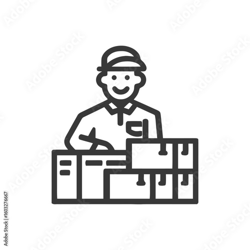 Smiling Logistics Worker Icon with Stacked Shipping Boxes, Monochrome Line Art