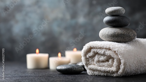 Spa with candles, white towels, and hot stones Zen aesthetic, relaxing and balanced composition, shot