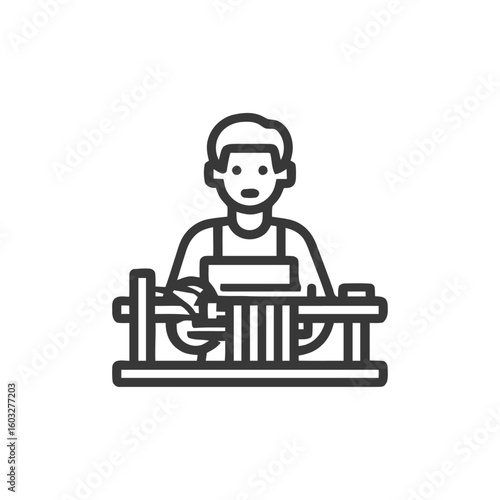 Woodworking Lathe Operator Icon: Detailed Outline of Craftsman Shaping Wood