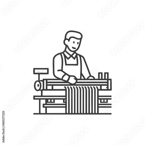 Smiling Textile Worker Operating Weaving Machine in Clean Line Art Icon Style