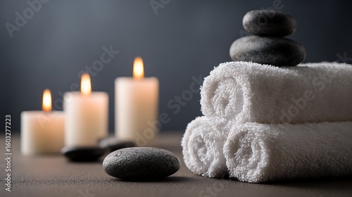 Spa with candles, white towels, and hot stones Zen aesthetic, relaxing and balanced composition, shot