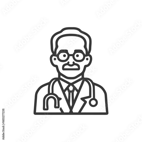 Clean Line Art Doctor Icon: Professional Male with Stethoscope, Glasses, and Moustache