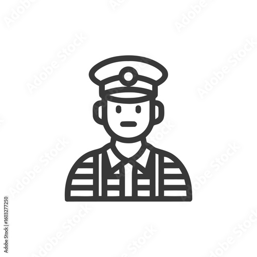 Monochromatic Line Art Icon of Uniformed Officer with Peaked Cap, Symbolizing Authority and Security