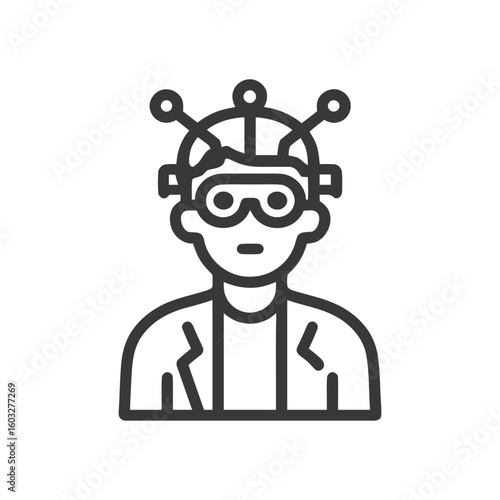 Futuristic Person Icon with VR Goggles and Brain Interface Headset, Representing Metaverse Technology