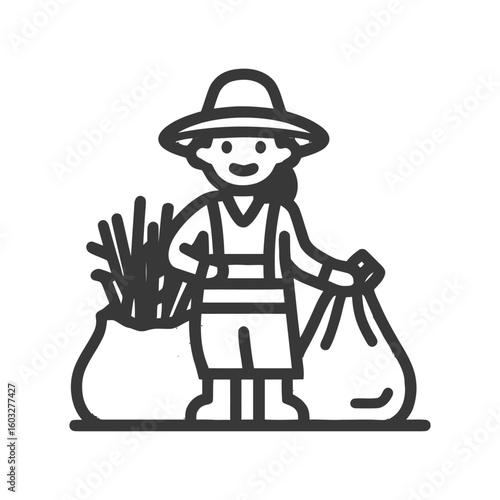 Smiling Farmer Character with Harvested Produce Bags, Simple Line Art Icon