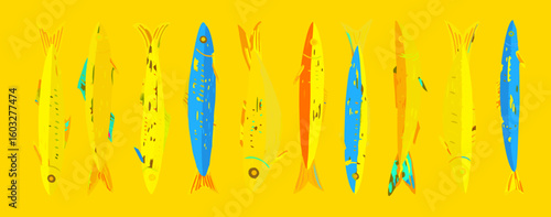 Colorful fishes sardines seafood ocean aquatic animal marine life illustration artwork design yellow background