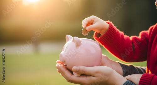 A child's hand placing a coin into a pink piggy bank, held by caring adult hands, in a park-like setting.