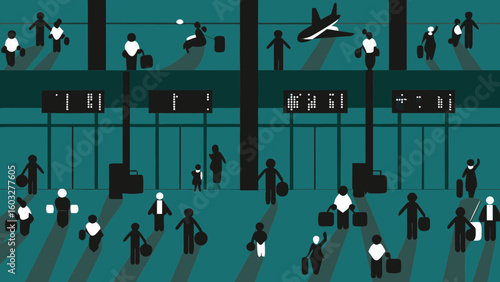 Airport terminal travel transportation departure arrival passenger silhouette airplane baggage flight information board