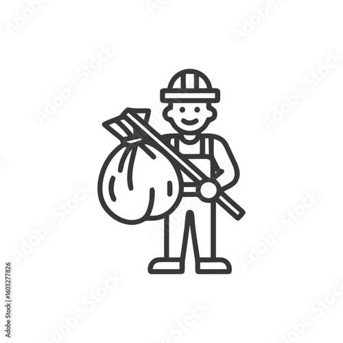 Happy Line Art Icon: Smiling Worker or Traveler with Sack on Stick