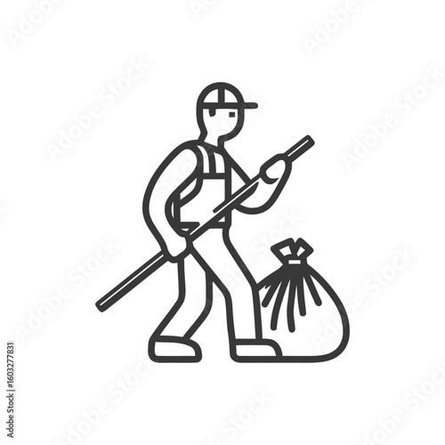Monochrome Line Art Icon: Worker Cleaning Up Waste with Litter Picker and Bag