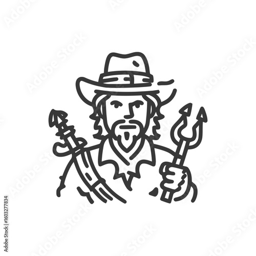 Rustic Monoline Icon: Bearded Fisherman in Cowboy Hat Holding Spear and Trident, Black and White Vector