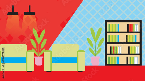 Living room interior design with armchairs bookcase plants and lamps for home decor and decoration ideas