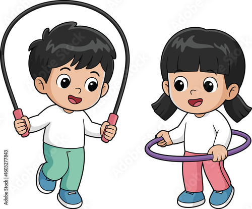 Children playing outdoors, jump rope, hula hoop, fun exercise, healthy lifestyle, active kids, energetic activity, fitness, sports, playground joy