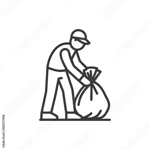Monochrome Line Art Icon of a Person Collecting Garbage Bag, Representing Waste Management and Environmental Responsibility.