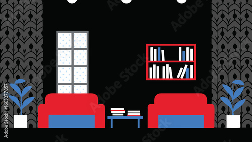 Living room interior design with red sofas, bookshelf, window and plants for home decor and interior design