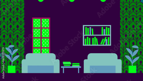 Illustration of interior design with furniture plants bookshelf and window creating a cozy atmosphere inside