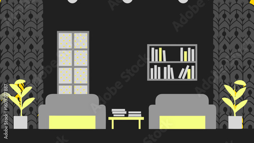 Modern interior design living room with sofa bookshelf and plant illustration vector graphic art design